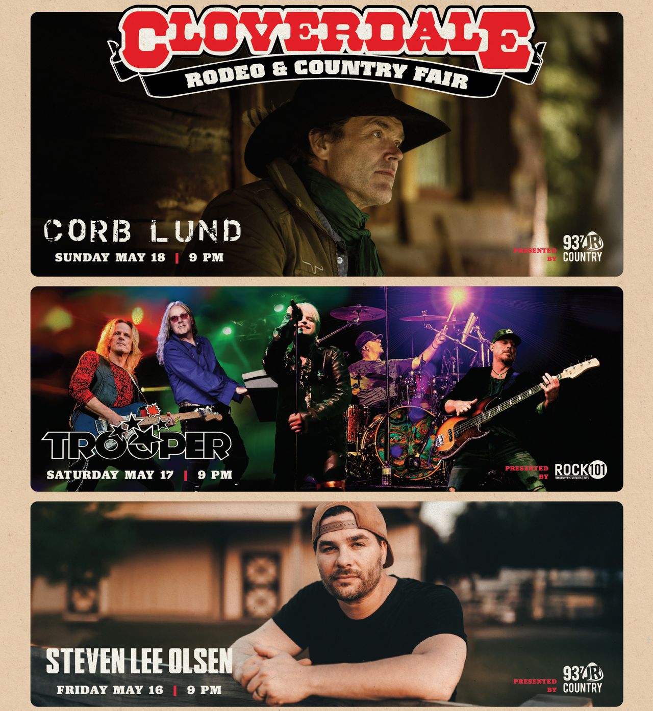 The three headline acts at the 2025 Cloverdale Rodeo and Country Fair