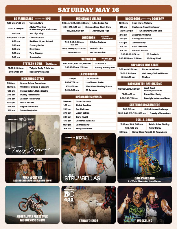 The 2026 Cloverdale Rodeo and Country Fair Schedule for Saturday, May 16, 2026