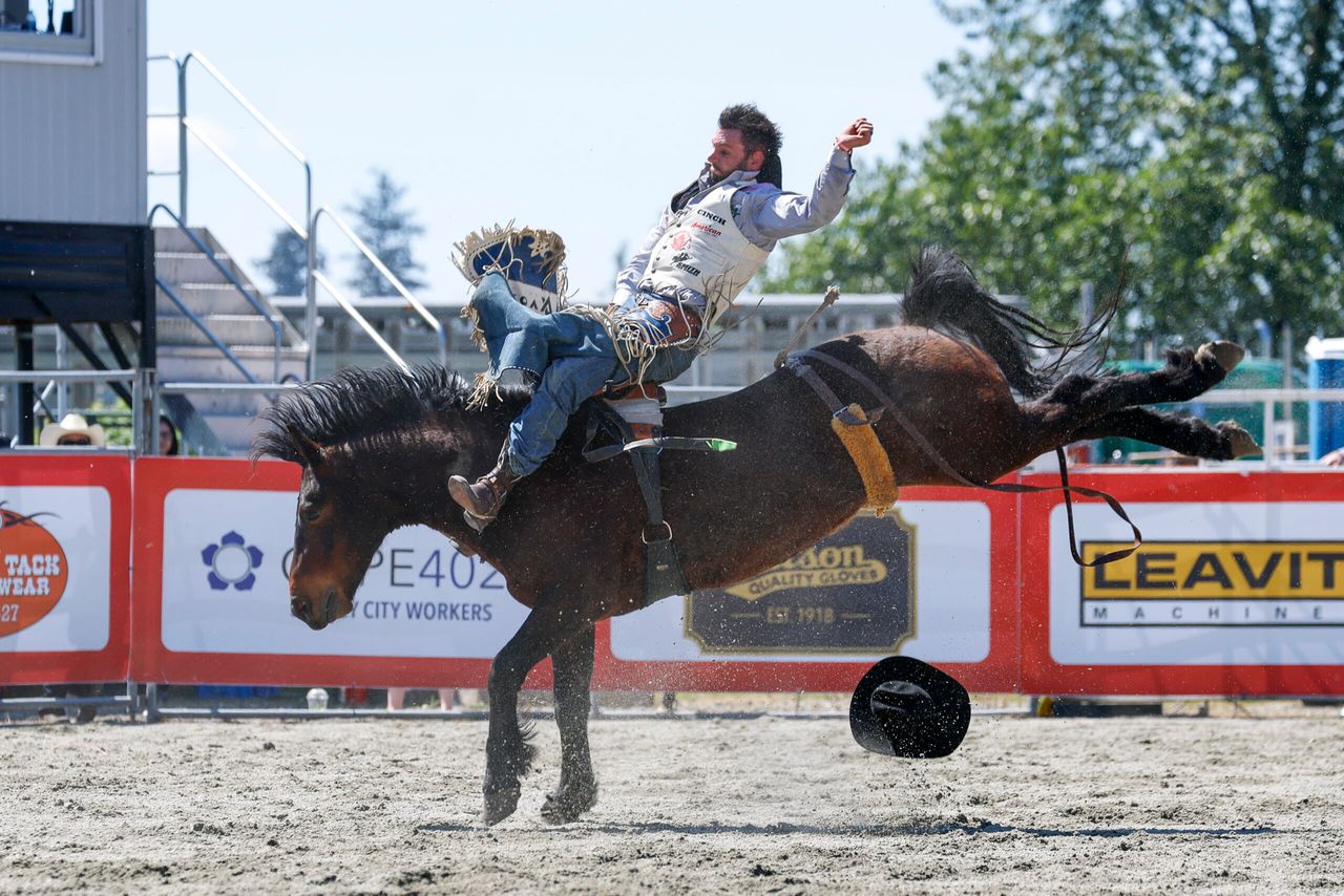 Bareback rider competing at the 2026 Cloverdale Rodeo