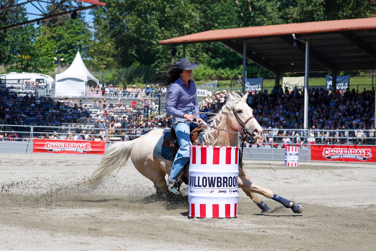 Barrel racer competing at the 2026 Cloverdale Rodeo