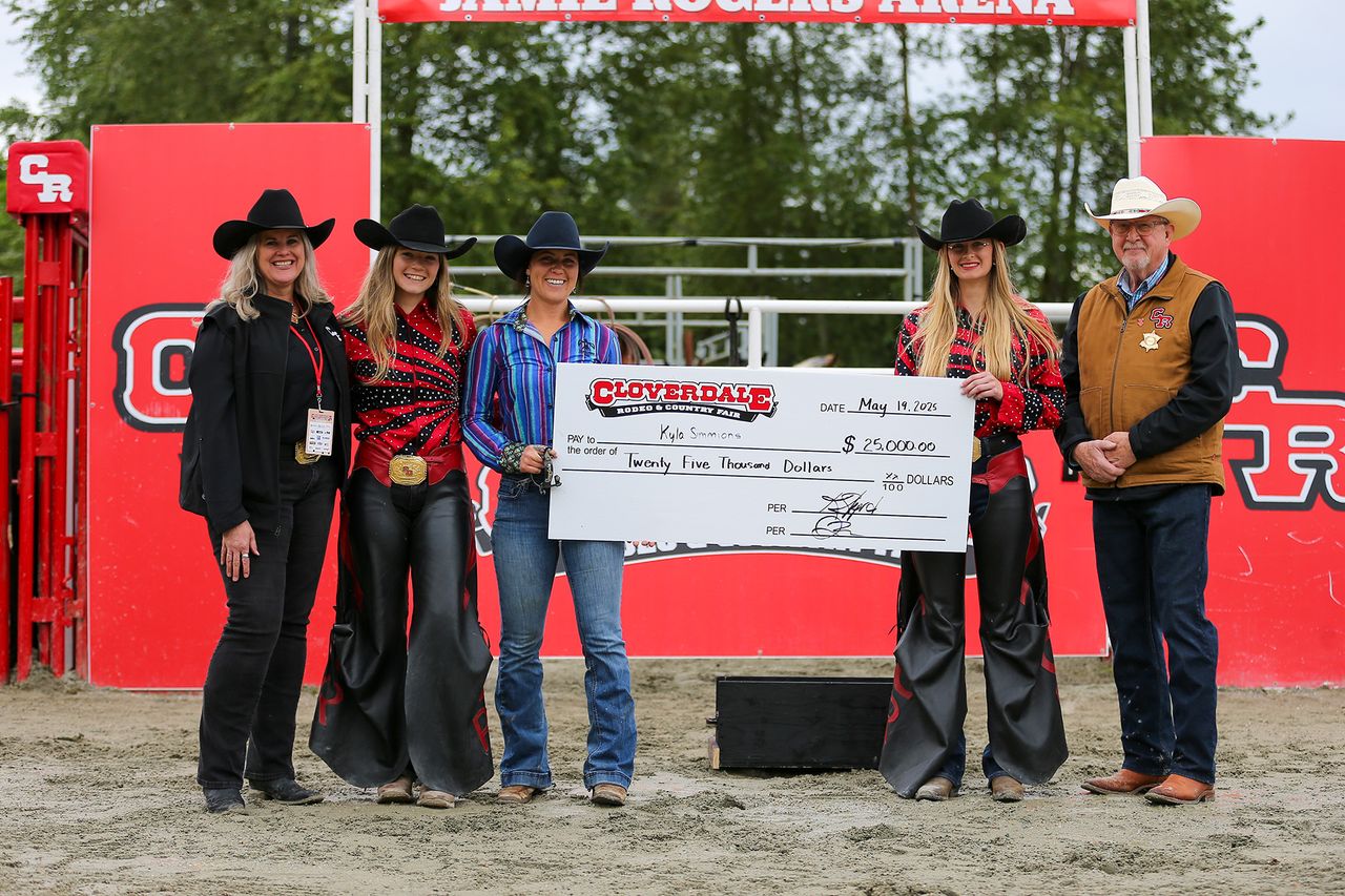 2025 Cloverdale Rodeo - Barrel Racing Champion - Kyla Simmons - Holding the Cheque