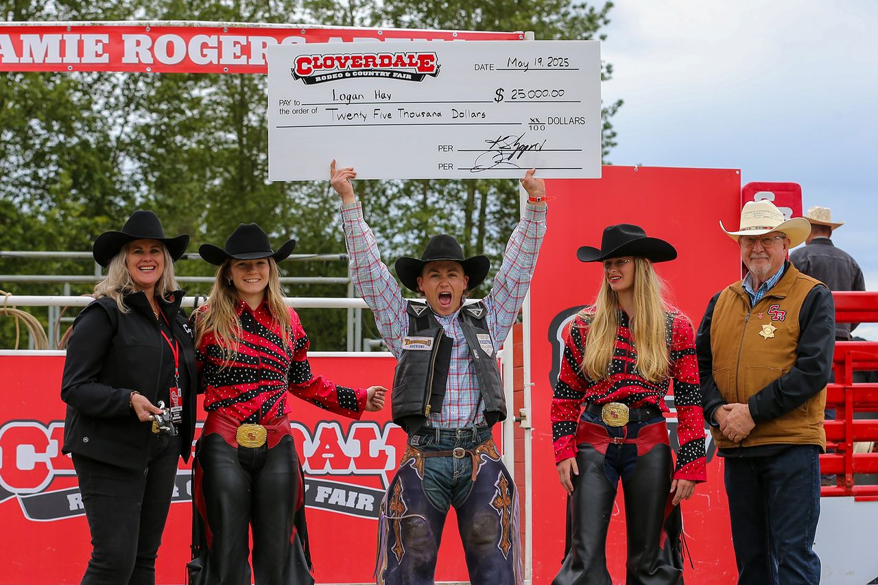 2025 Cloverdale Rodeo - Saddle Bronc Champion - Logan Hay - Holding the Cheque